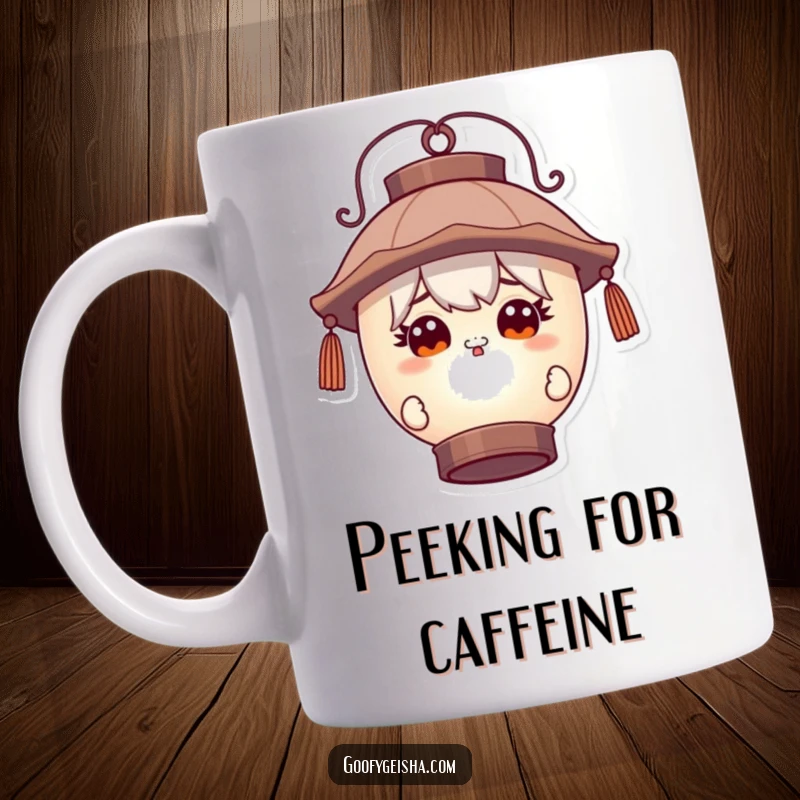 Funny mug showing a character with wide, curious eyes peeking playfully around a large, glowing lantern, evoking mystery and humor.