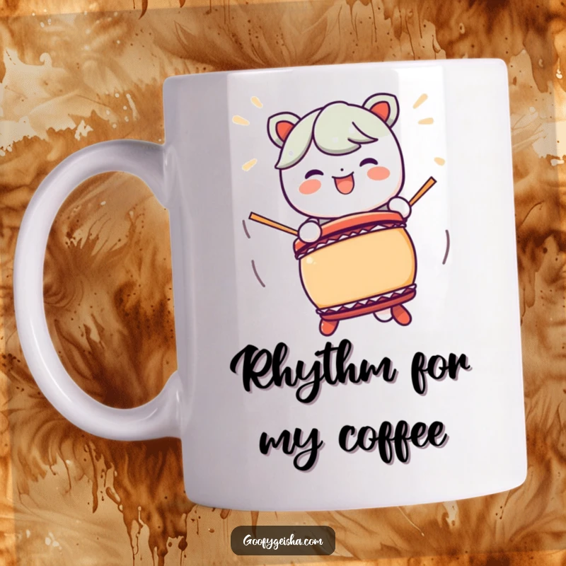 Funny Kawaii character happily playing a Taiko drum with exaggerated motions, conveying pure joy and musical energy.