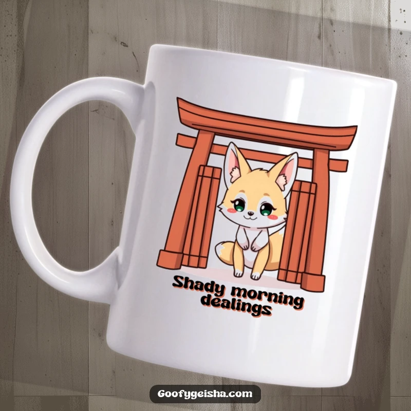 Funny Kitsune Fox Mug: A mischievous Kitsune character with a grin peeks from behind a red Torii gate, full of playful energy.