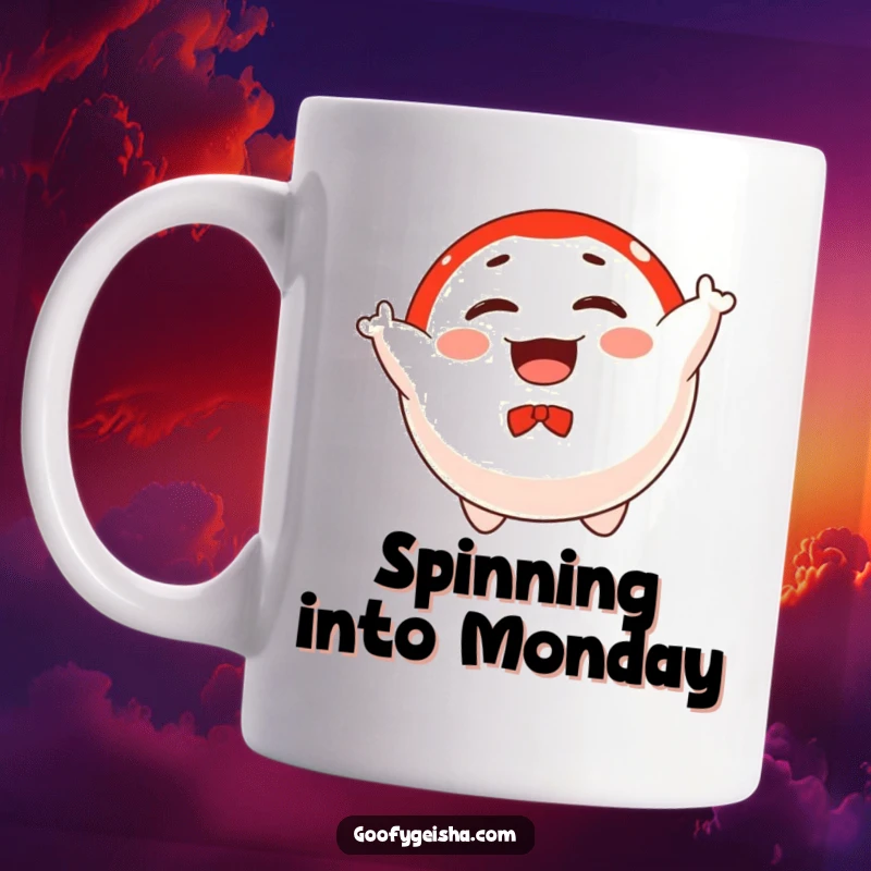 Funny mug featuring a floating Daruma doll character cheerfully spinning around, radiating positive energy and good luck vibes.