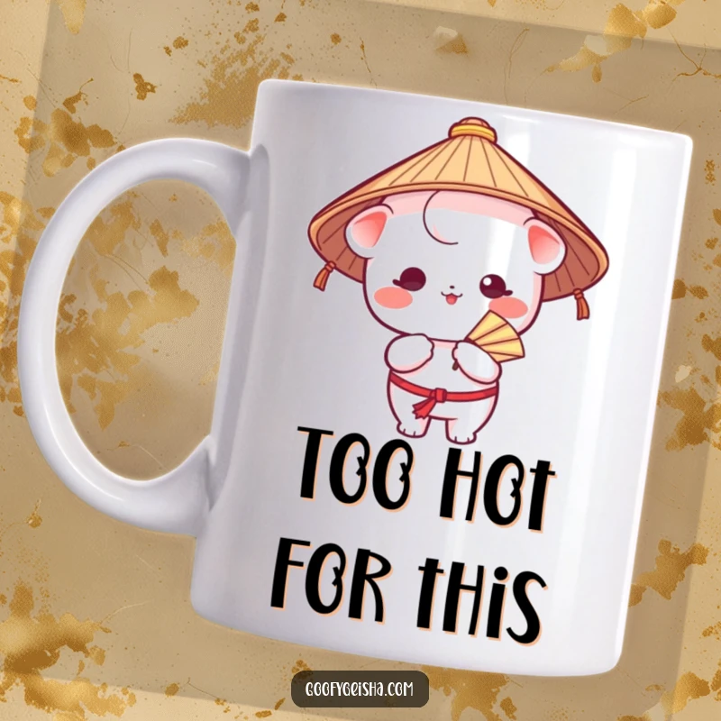 Funny mug featuring a Kawaii character in a Japanese hat, playfully fanning itself to stay cool, radiating cute and funny vibes.