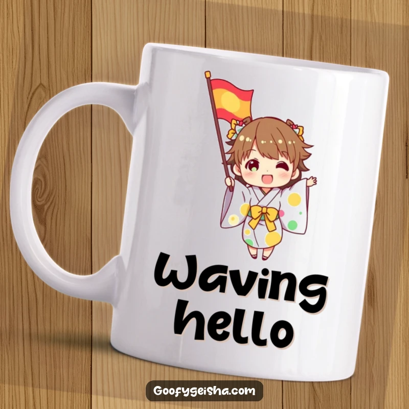 Funny mug featuring a character in a kimono excitedly waving a colorful flag, symbolizing joy and festive spirit.