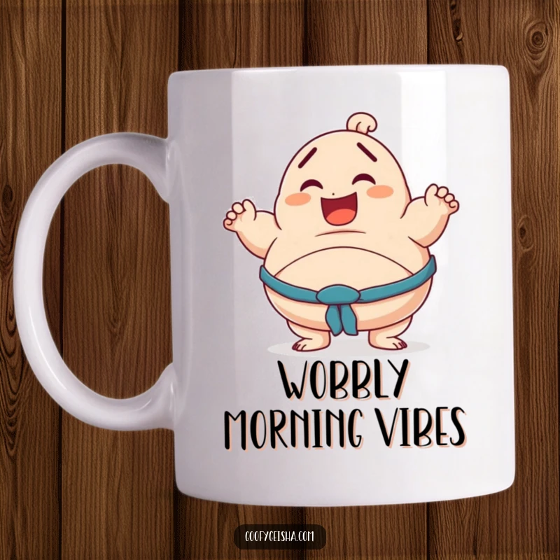 Funny mug showing a smiling character in an unstable sumo pose, mid-wobble, exuding playful clumsiness.