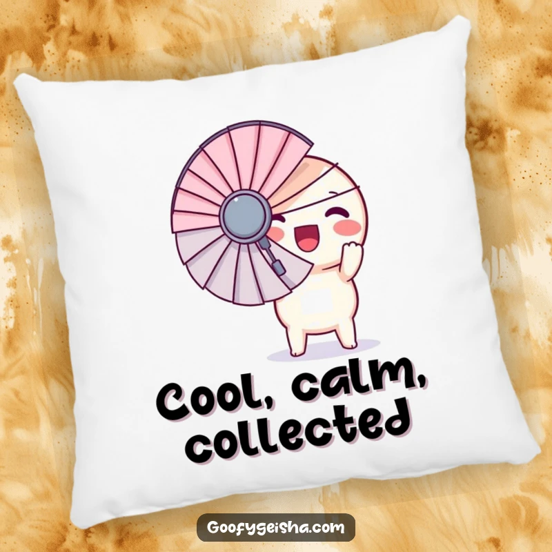 Funny pillow featuring a round Kawaii character with huge excitement for its giant fan, offering comfort and a dose of playful cheer.