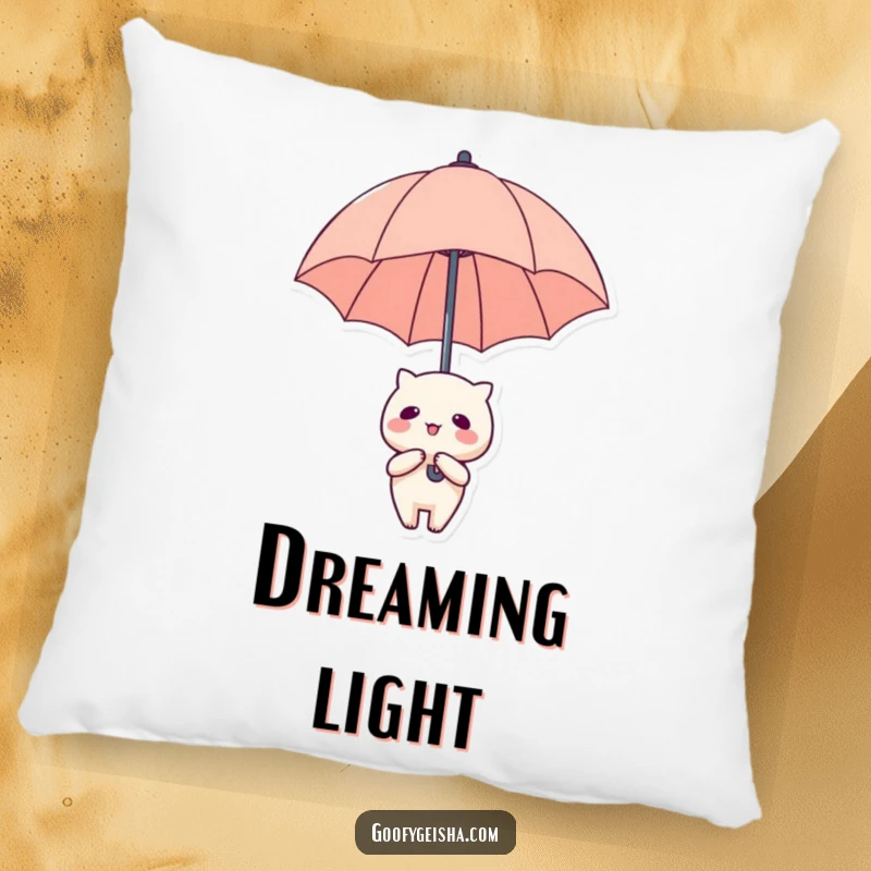 Funny Pillow: A cute Kawaii character with a large umbrella floating upwards, bringing joy and comfort.