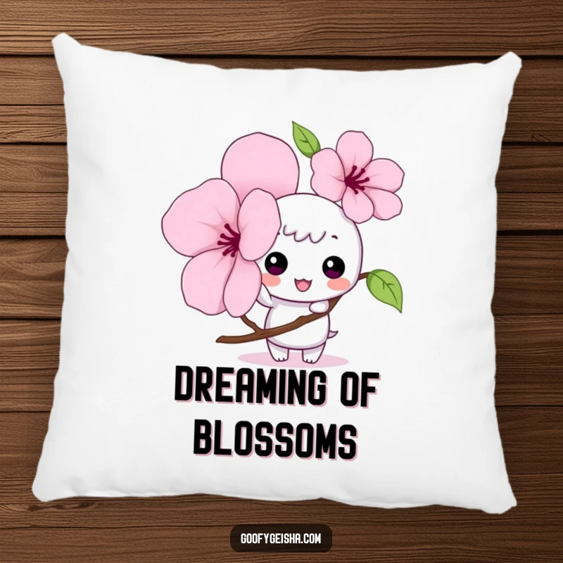 Funny Kawaii pillow with a mischievous character tapping a large cherry blossom petal, offering soft comfort and cute humor.