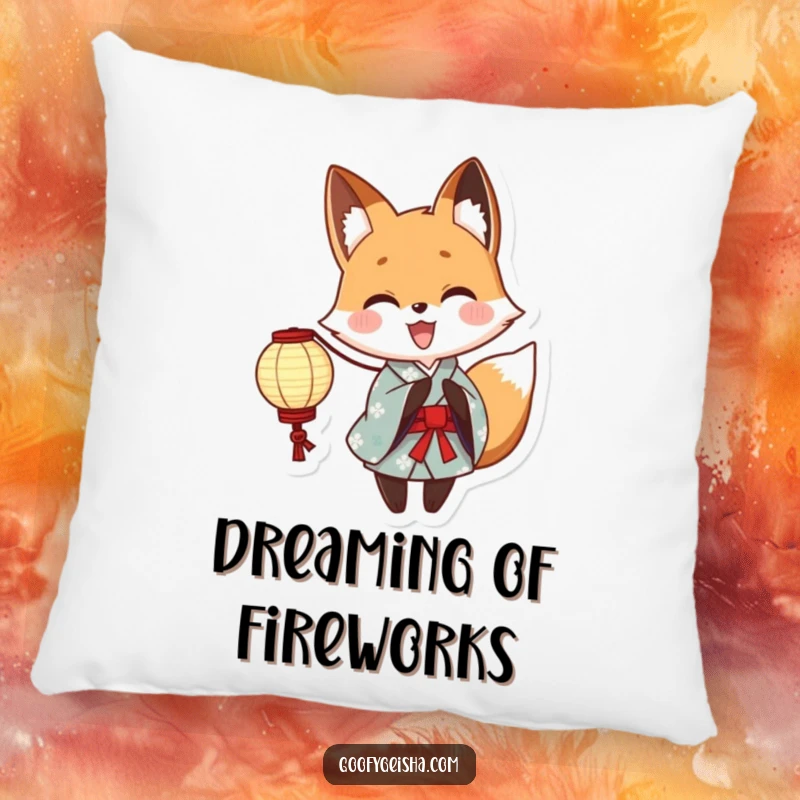 Funny Yukata Fox Pillow: Soft, plush cushion featuring a cute anime fox in a yukata holding a glowing paper lantern, perfect for cozying up.