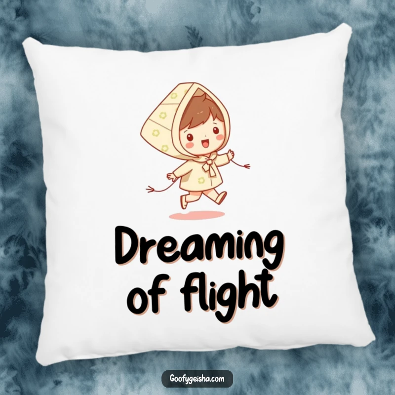 Funny pillow with a happy character skipping with a patterned kite, designed for cozy comfort and lighthearted fun.