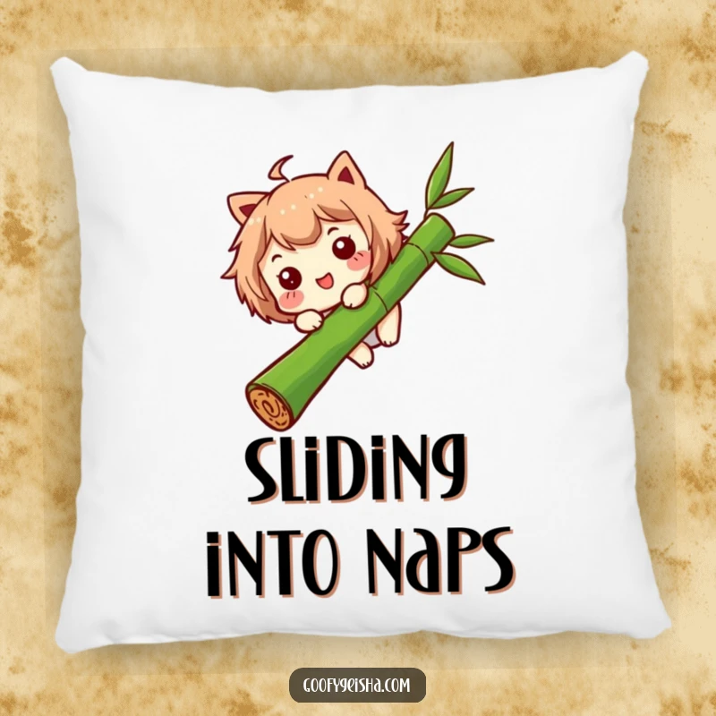 Funny pillow with a character with a funny expression sliding down a bamboo stalk, designed for cozy comfort and lighthearted fun.