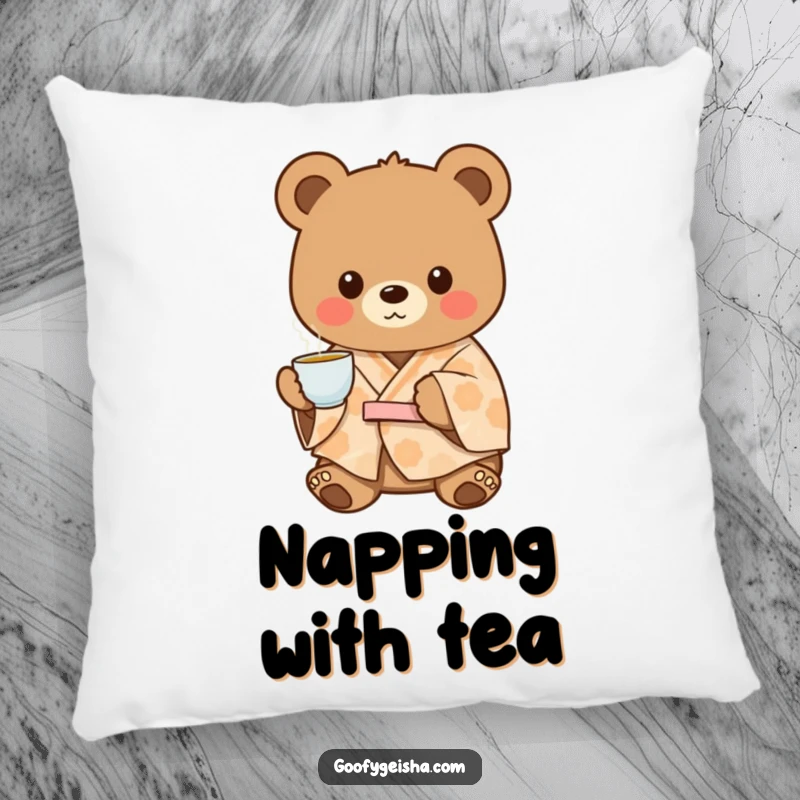 Funny charming bear in a patterned kimono, offering tea, depicted on a soft and cozy pillow.