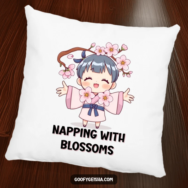 Funny pillow with a character embracing a cherry blossom, designed for cozy moments and a touch of lighthearted nature.