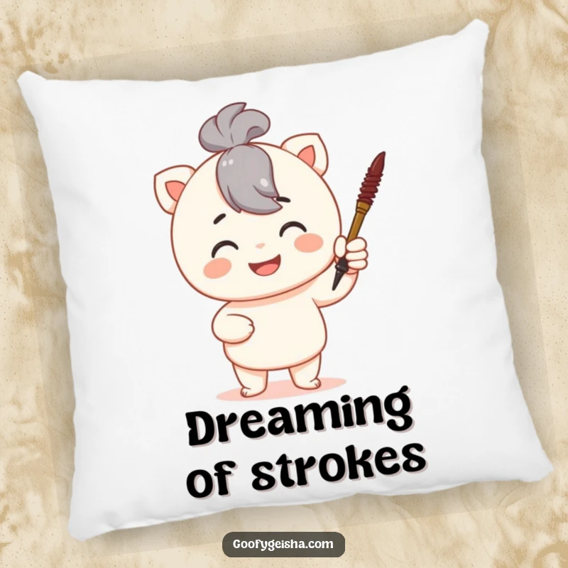 Funny pillow with a proud character holding a tiny calligraphy brush, designed for cozy comfort and artistic inspiration.