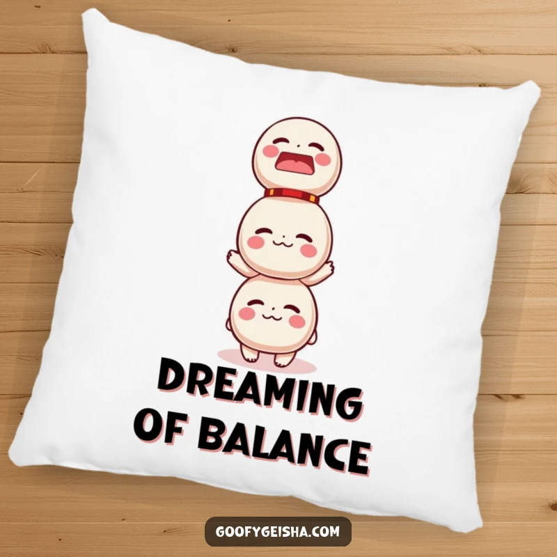 Funny pillow illustration of a cute character attempting to balance a precarious tower of colorful Daruma dolls, offering humorous comfort.