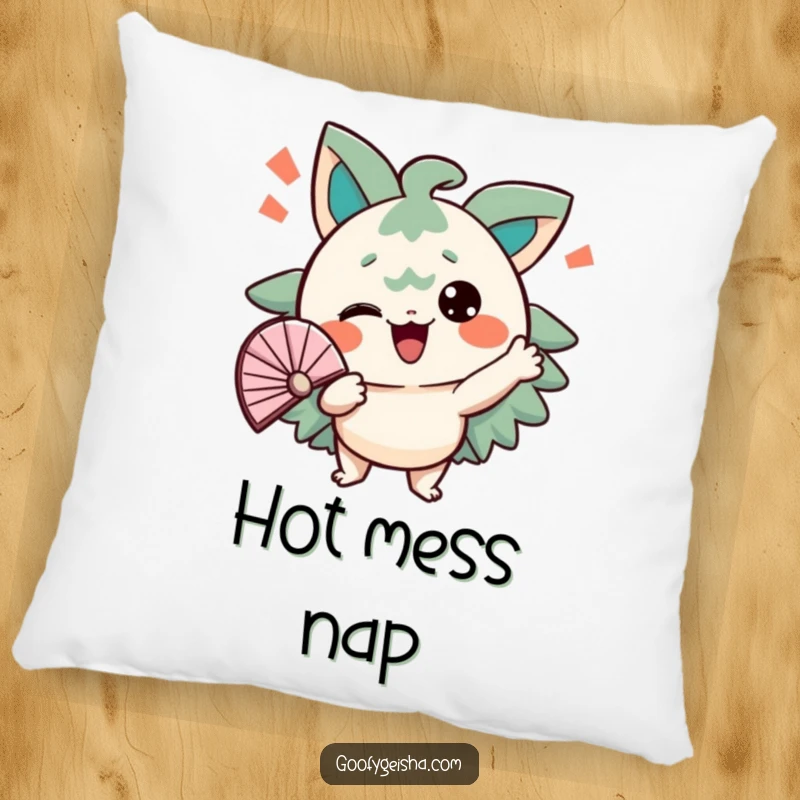 Funny pillow featuring a character energetically fanning itself with a comical expression. Soft and humorous.
