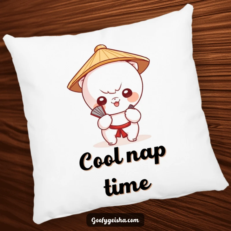 Funny pillow showcases a cute Kawaii character wearing a Japanese hat, fanning itself, offering comfort and charm.