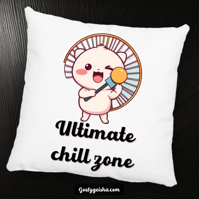 Funny pillow showcases a small, round Kawaii character excitedly holding a large fan, offering comfort and charm.