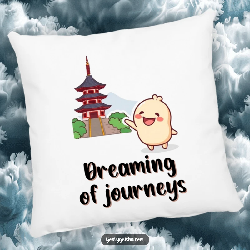 Funny Kawaii Pillow: Grinning character excitedly pointing towards a distant pagoda, offering comfort and a humorous touch of adventure to any room.