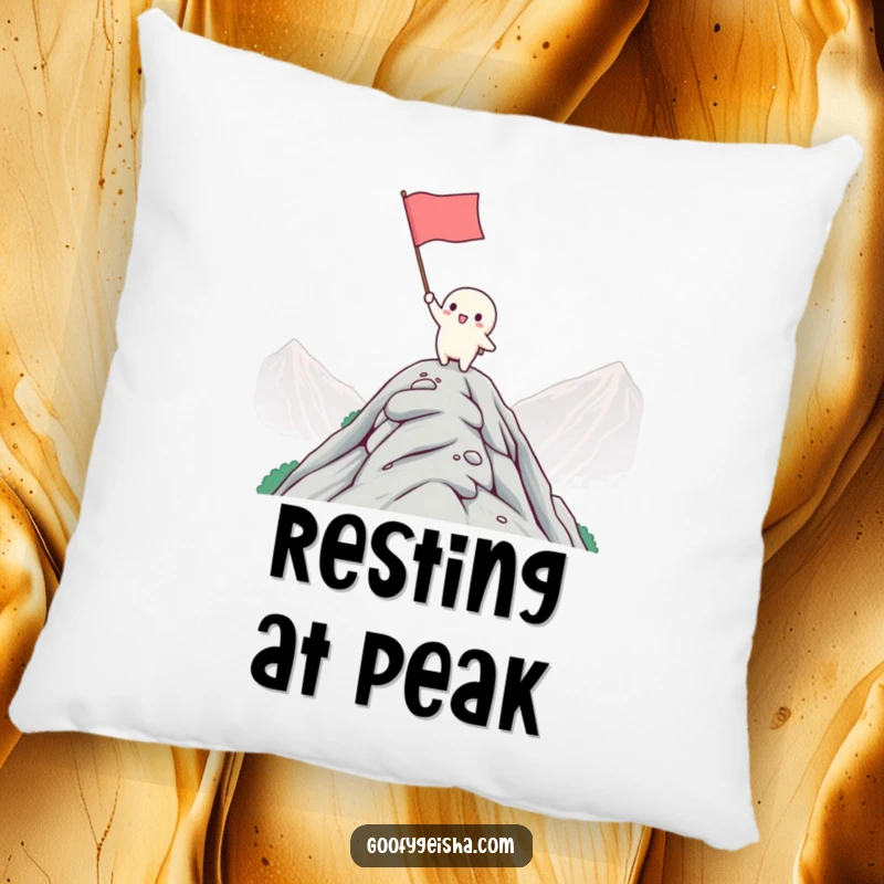 Funny Kawaii Pillow: Character celebrating on a mountain, waving a flag with infectious joy. A comfortable and humorous gift.