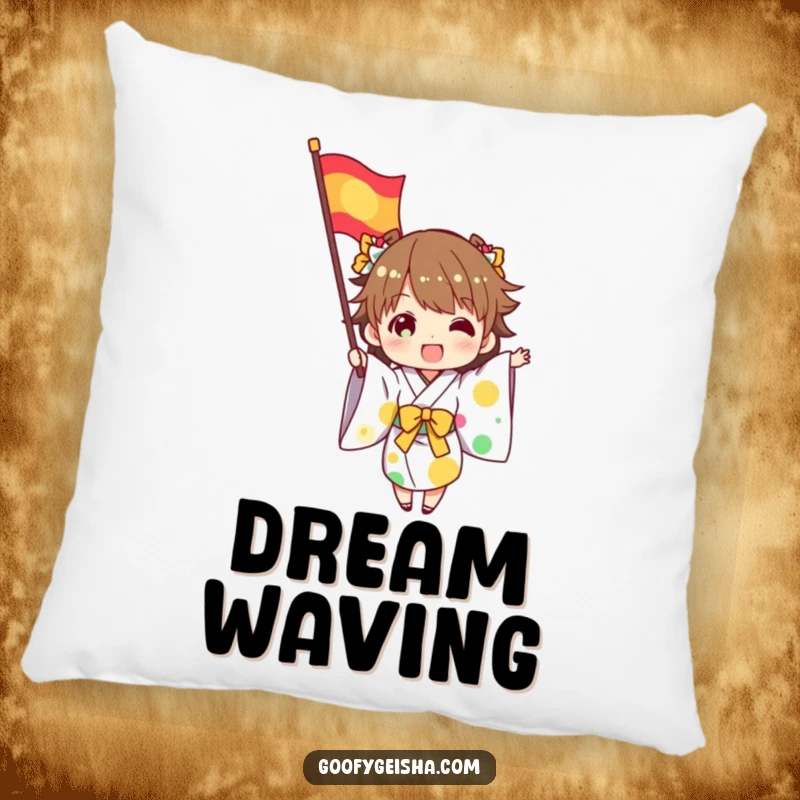 Funny pillow with a character in a kimono excitedly waving a colorful flag, adding a touch of celebratory fun to decor.