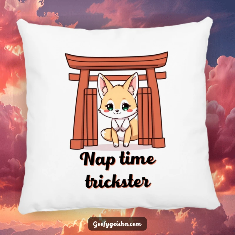 Funny Kitsune Fox Pillow: Soft cushion featuring a mischievous Kitsune peeking with a grin from behind a Torii gate, adding charm.