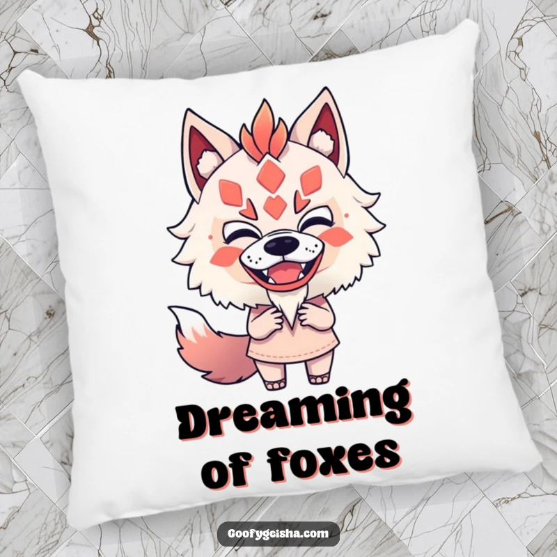 Funny pillow with a character fearlessly and playfully mimicking a Kitsune mask, adding a touch of humorous comfort.
