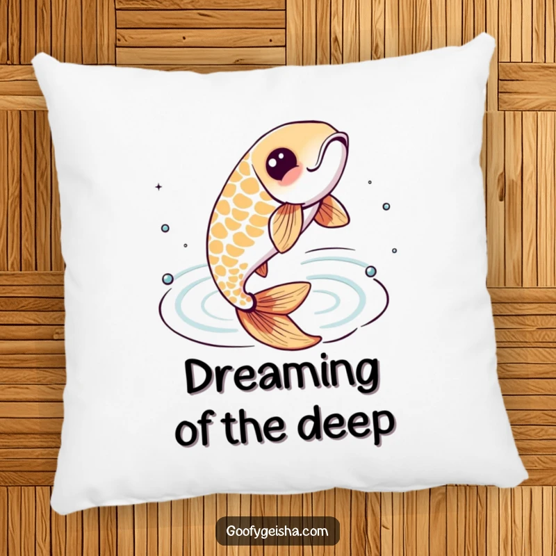 Funny pillow featuring a lively koi fish character leaping from stylized water ripples, bringing comfort and aquatic energy.