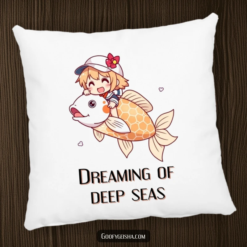 Funny pillow with a character gleefully riding a huge, colorful koi fish. Offers cozy comfort and a whimsical visual.