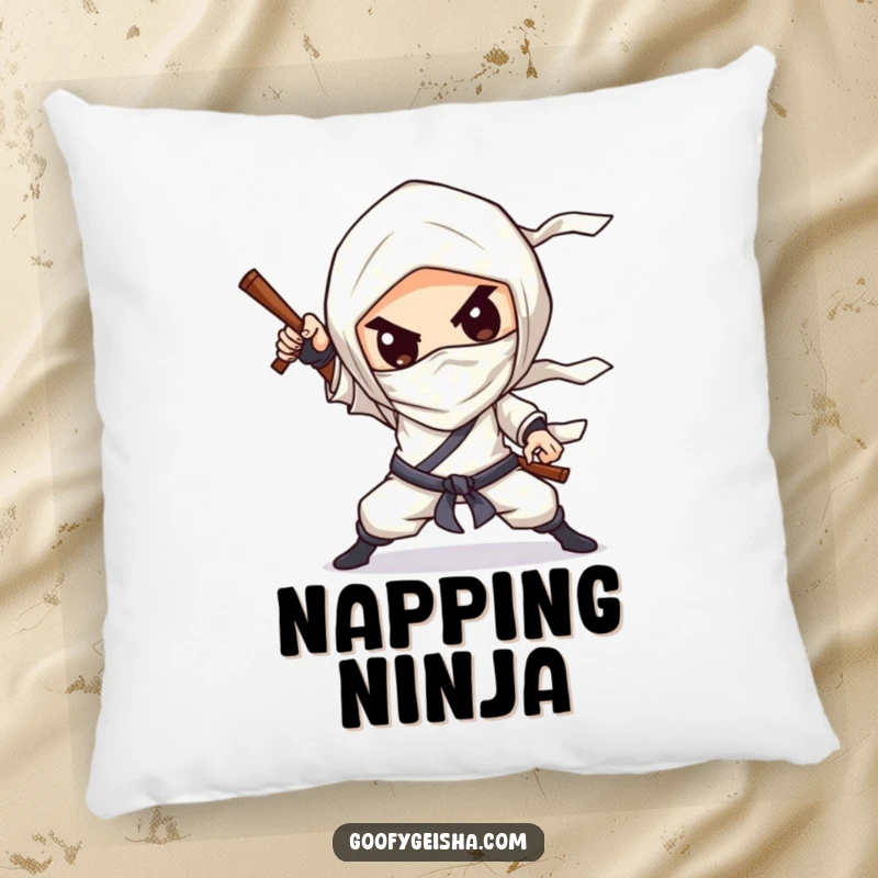 Funny Pillow: A cute chibified character striking a dramatic ninja pose with a silly grin, bringing fun.