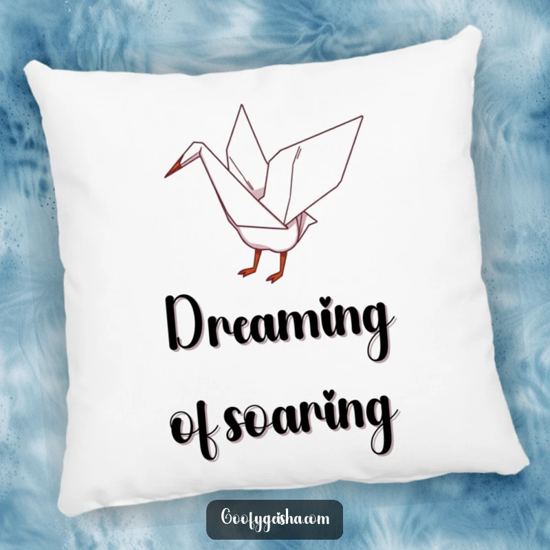 Funny pillow design of a whimsical origami crane playfully flapping its wings, offering cozy artistic comfort and charm.