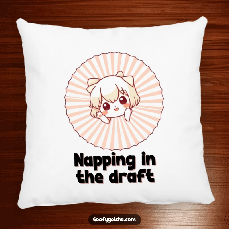 Funny pillow featuring a delightful character peeking from behind a giant fan, waving hello with a sweet expression.