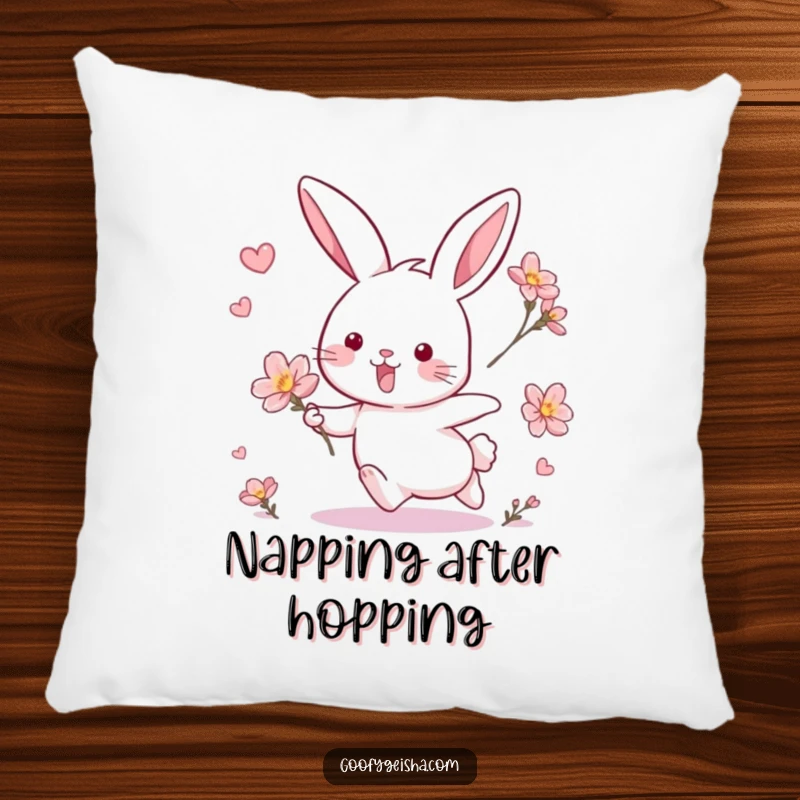 Funny pillow featuring an adorable rabbit joyfully pursuing a floating blossom, adding a touch of whimsy to decor.