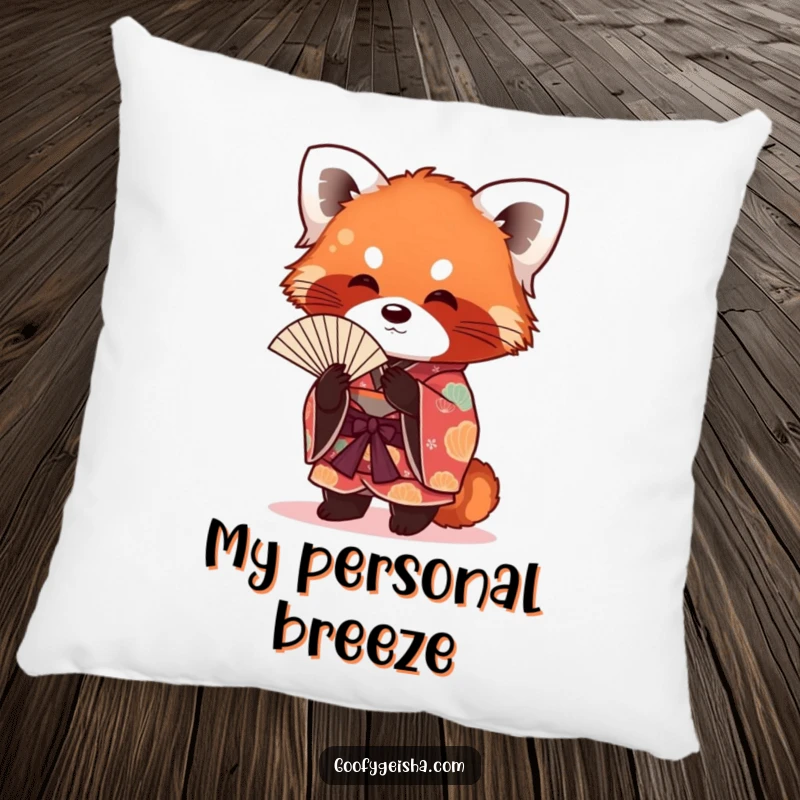 Funny red panda depicted fanning itself while wearing a beautiful kimono, perfect for a soft and humorous pillow.
