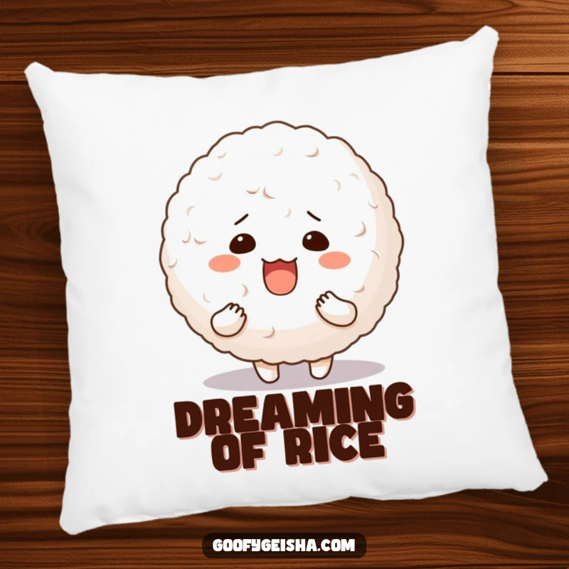 Funny pillow featuring a character with a comical silly expression, holding a large, wobbly bouncy rice ball.