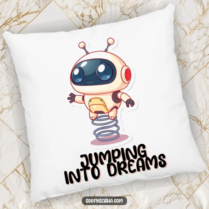 Funny pillow featuring a small robot with wide eyes bouncing on a spring, adding comfort and humor to a sofa.