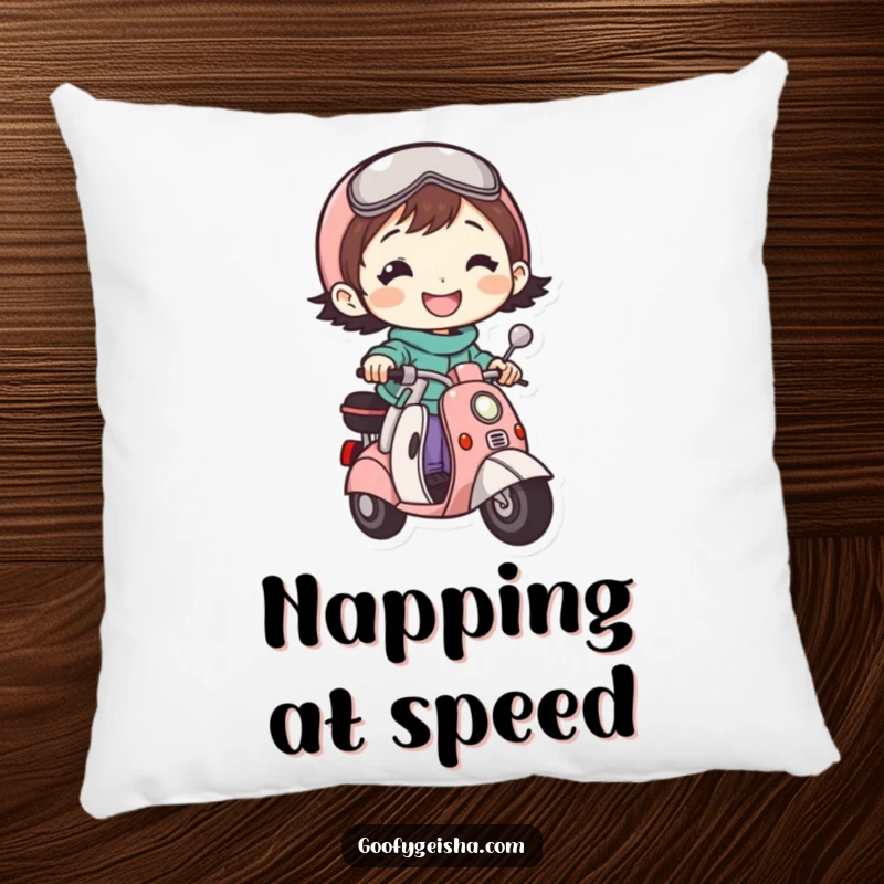 Funny pillow featuring a cute character with a wide grin riding a small scooter, designed for cozy, humorous relaxation.
