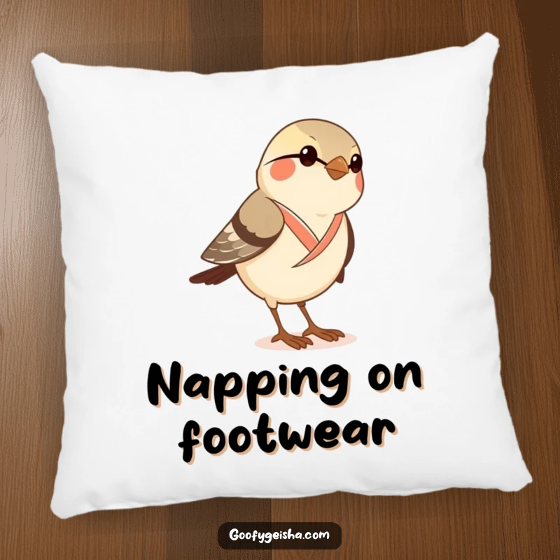 Funny pillow featuring a curious sparrow in a dainty kimono attempting to wear geta sandals, adding a playful touch.