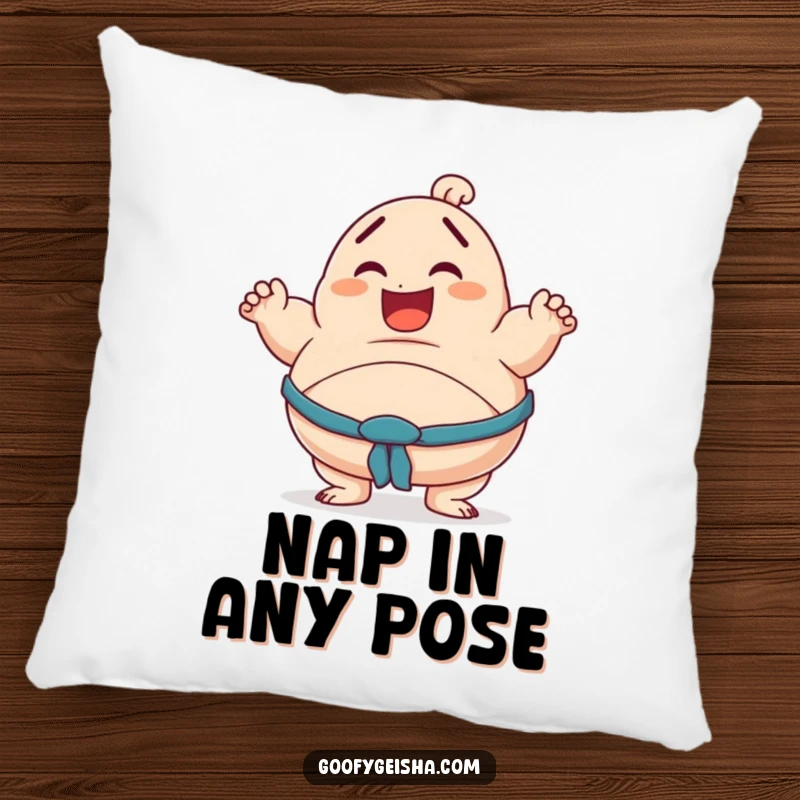 Funny pillow depicting a smiling character in a hilariously unstable sumo pose, providing comfort and a humorous visual.