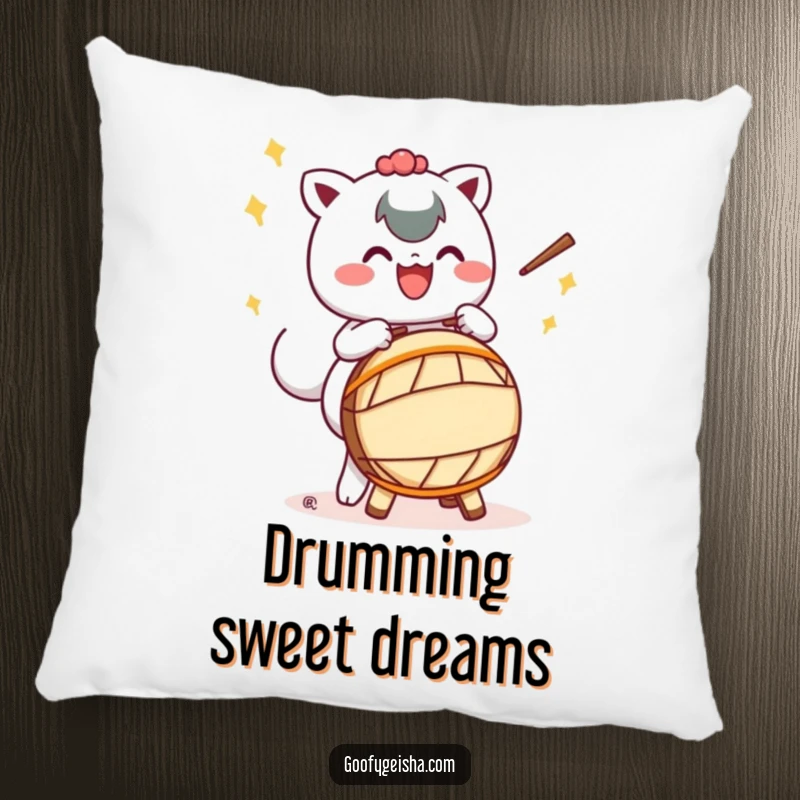 Funny pillow featuring a Kawaii character happily playing a Taiko drum with exaggerated motions, offering comfort and a dose of musical fun.