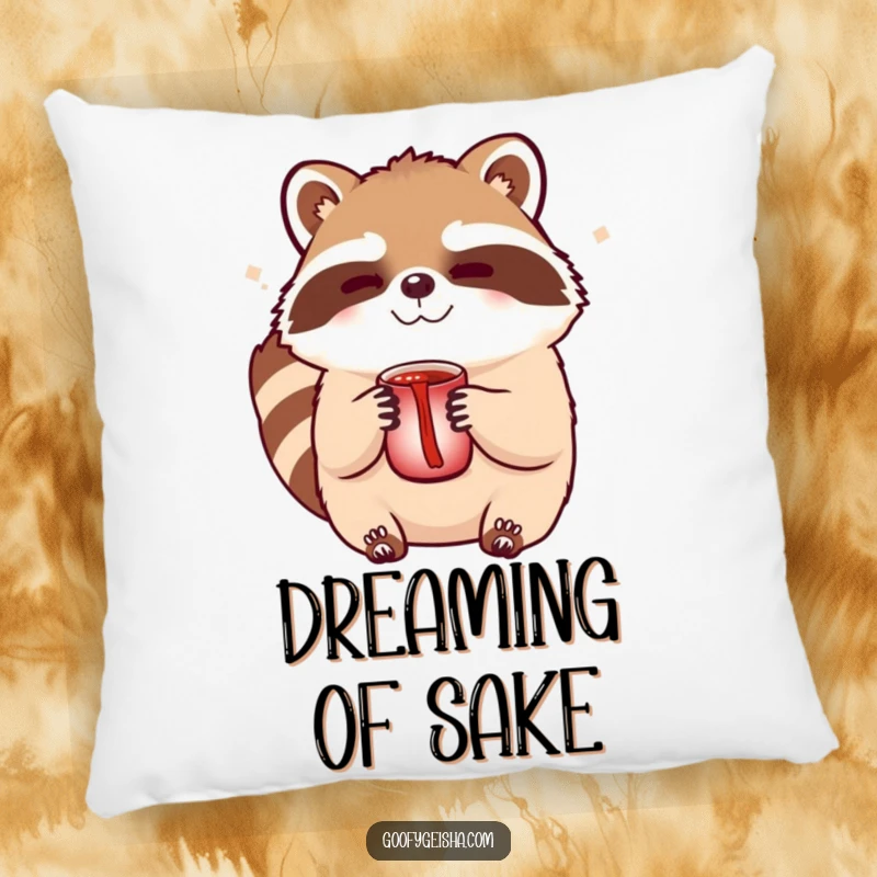 Funny Tanuki sake pillow featuring a soft, cute character winking playfully while holding a sake cup, perfect for cozy comfort.