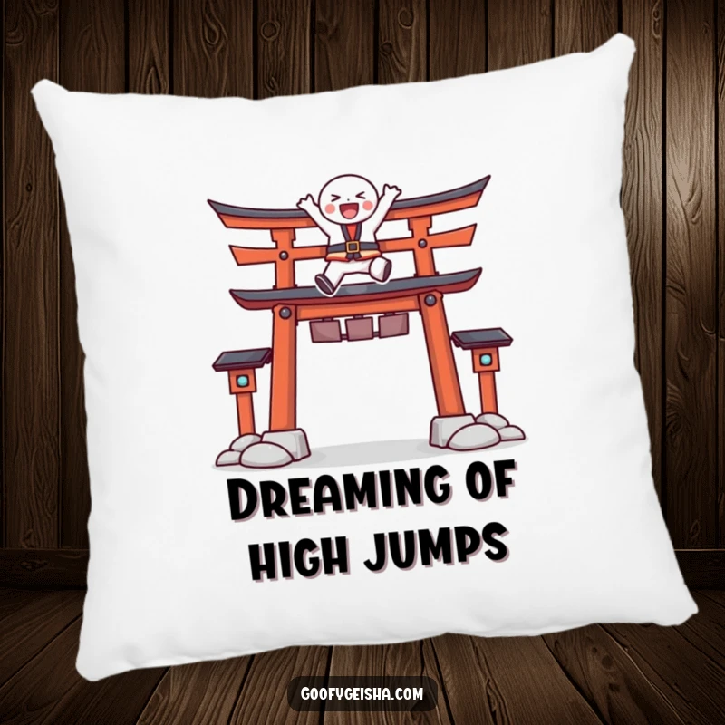 Funny pillow with a character joyfully leaping energetically over a stylized Torii gate, adding a touch of cheerful comfort.