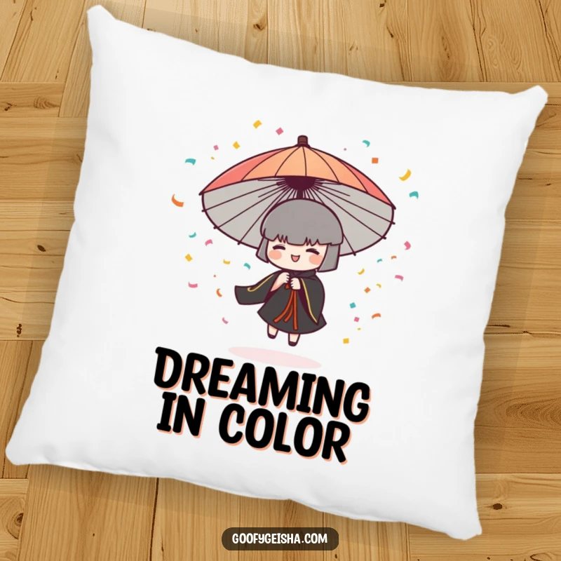 Funny pillow showcasing a Japanese umbrella character spinning energetically, surrounded by a joyful shower of confetti.