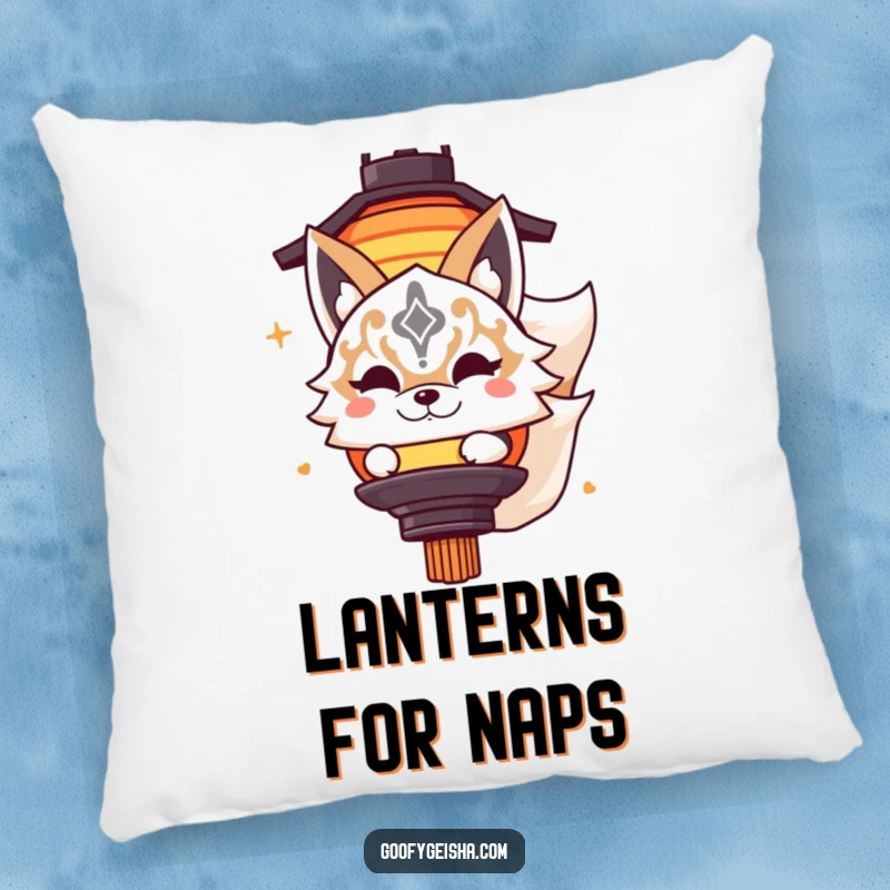 Funny pillow featuring a cute Kitsune masked character playfully peeking from behind a lantern, offering comfort and a dose of playful mystery.
