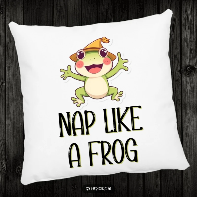 Funny frog pillow featuring a happy character mid-jump, offering cozy comfort and a cheerful, whimsical touch. A soft and humorous accent.