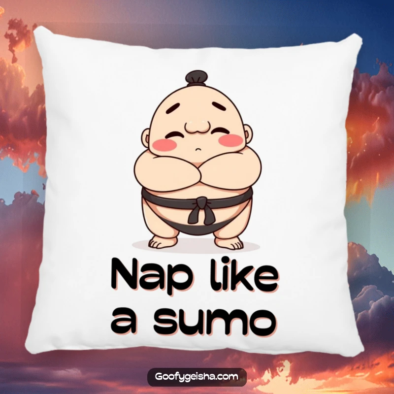 Funny Sumo wrestler pillow featuring a soft, happy character bowing with arms crossed, offering comfort and playful respect.