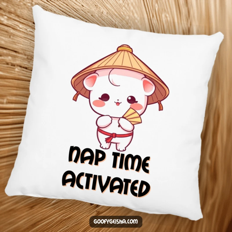 Funny pillow featuring a Kawaii character wearing a Japanese hat, humorously fanning itself, offering comfort and a dose of playful cool.