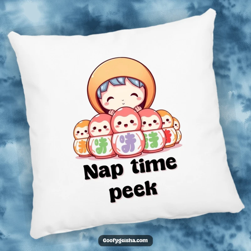 Funny pillow featuring a character peeking curiously from behind a stack of colorful daruma dolls. Soft and intriguing.