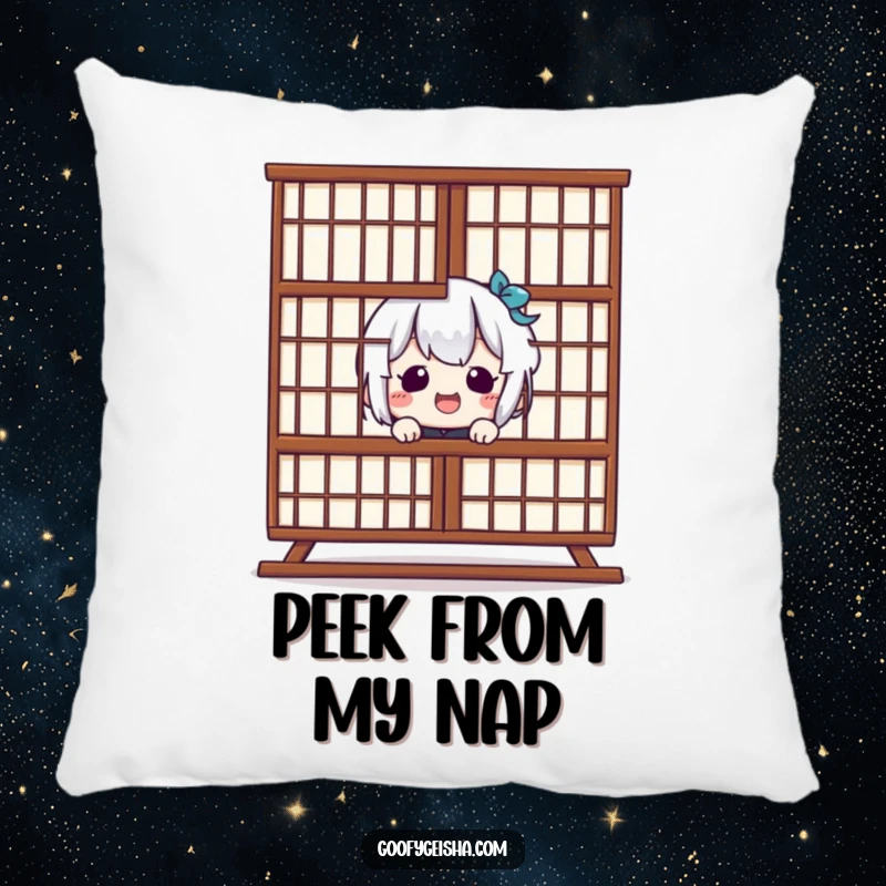 Funny Kawaii Pillow: Character peeking from behind Shoji screen with a giggle, offering comfort and humor. A perfect funny gift.