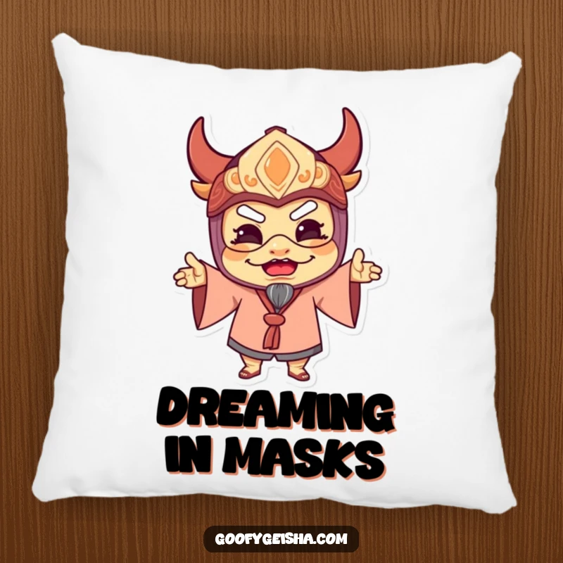 Funny pillow showcasing a character in a traditional mask striking a dramatically silly and delighted pose, adding comfort and cheerful humor.