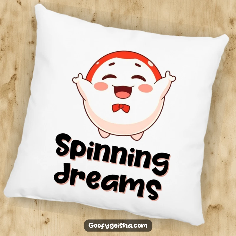 Funny pillow featuring a floating Daruma doll character joyfully spinning, offering cozy comfort and a touch of good luck.