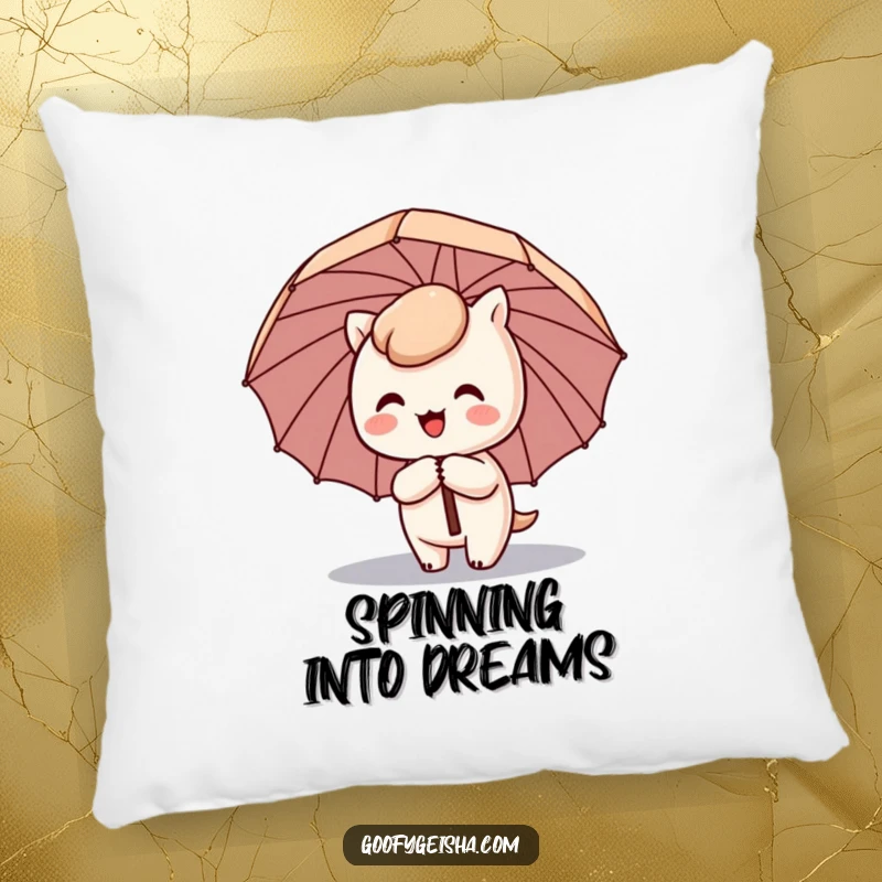 Funny Kawaii pillow with a cute character happily spinning with a comical umbrella tilted sideways, adding comfort and humor.
